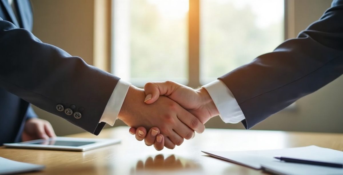 Two people shaking hands across a table in a bright office